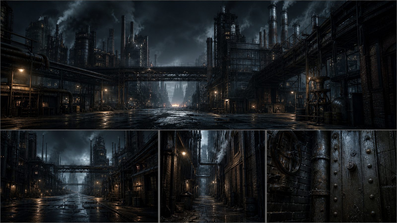 Rain-soaked industrial city with smokestacks and walkways