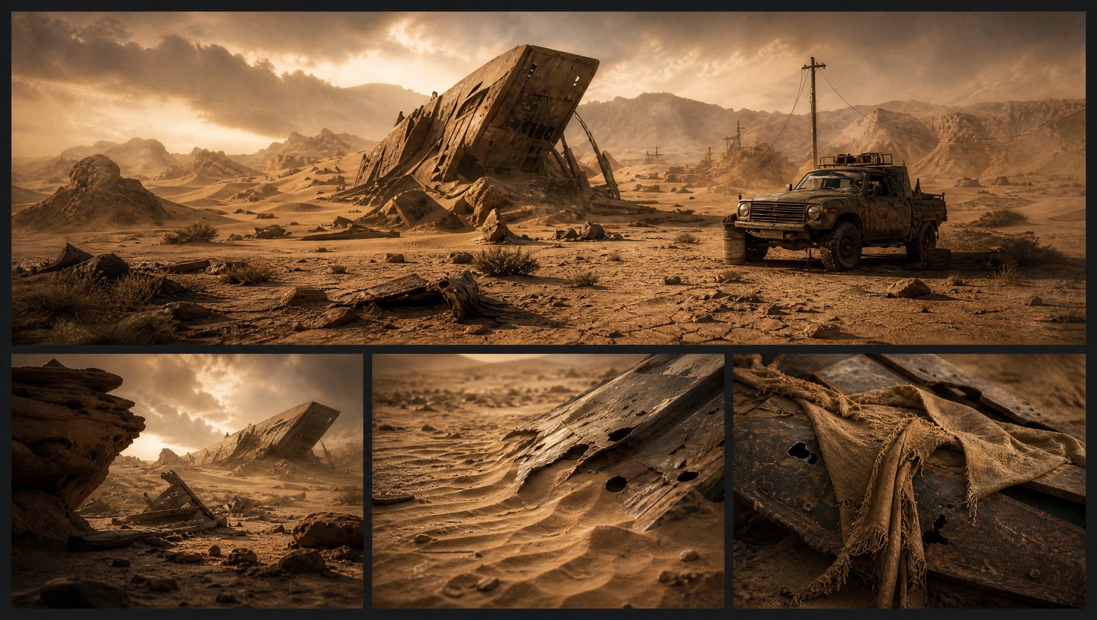 Desert wasteland with a wrecked structure and a lone vehicle