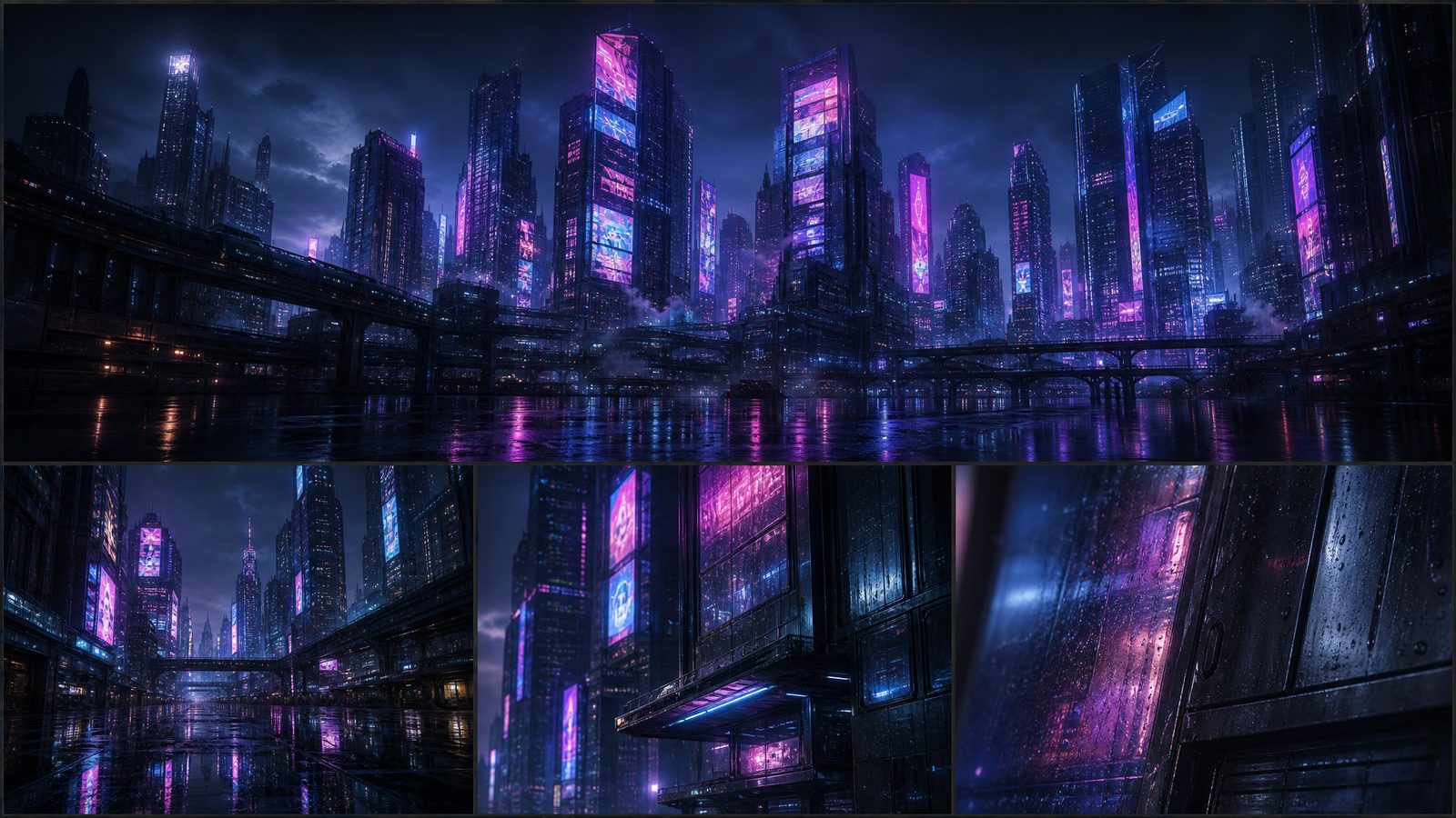 Neon futuristic city at night with detail panels