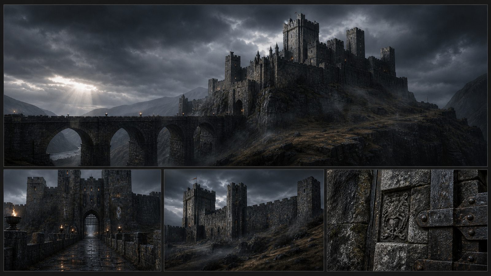 Stone fortress on a cliff with an arched bridge under a stormy sky