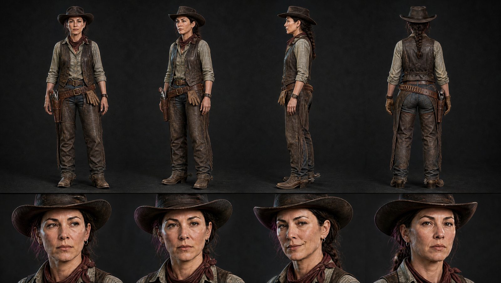 Rachel in a cowboy hat, waistcoat and chaps, turnaround and expressions