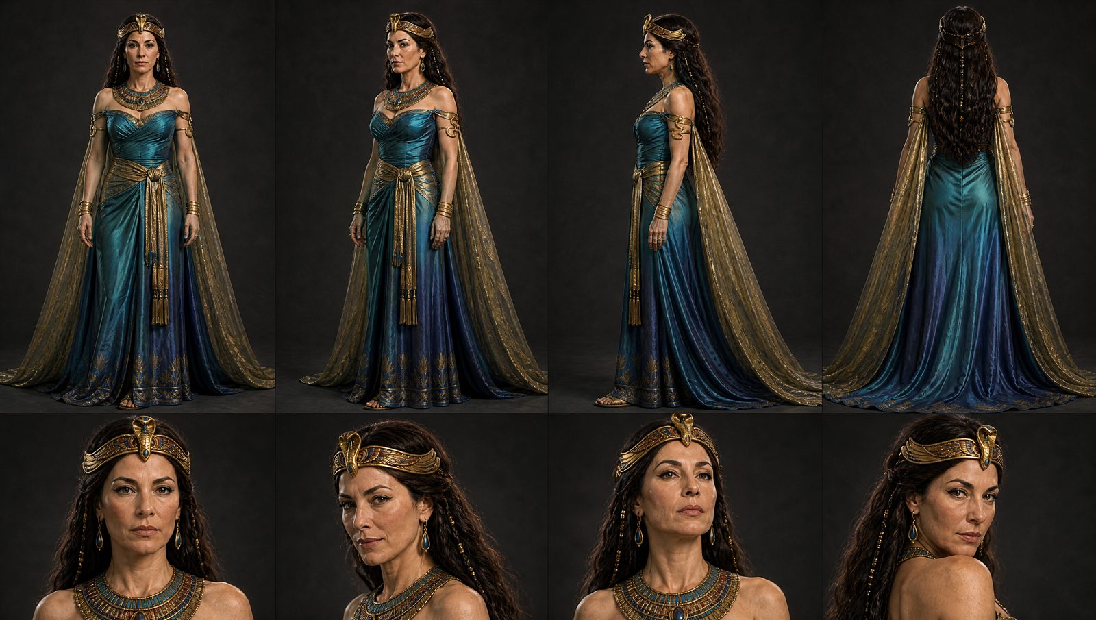 Rachel as Cleopatra in a teal and gold gown, turnaround and expressions