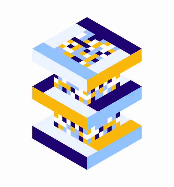 Abstract isometric layered structure with interlocking blocks in blue, yellow, white, and black colors.