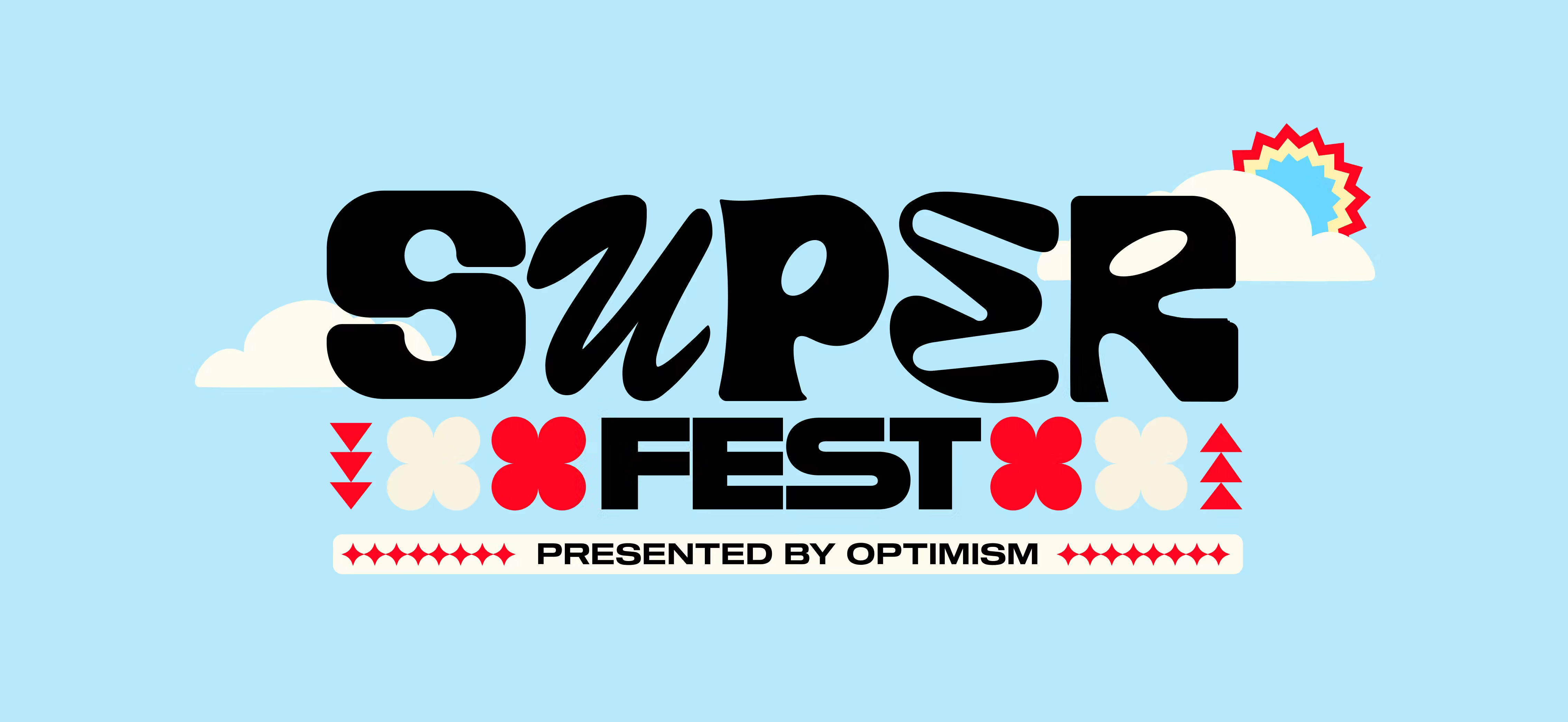 SuperFest logo with stylized black text on light blue background with clouds, flowers, and sun illustration, and text 'Presented by Optimism'.